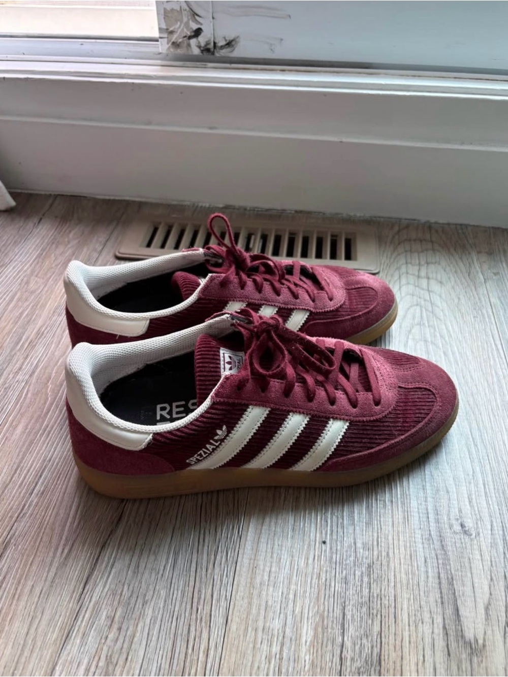 adidas Spezial Burgundy Suede & Corduroy Sneakers with White Stripes